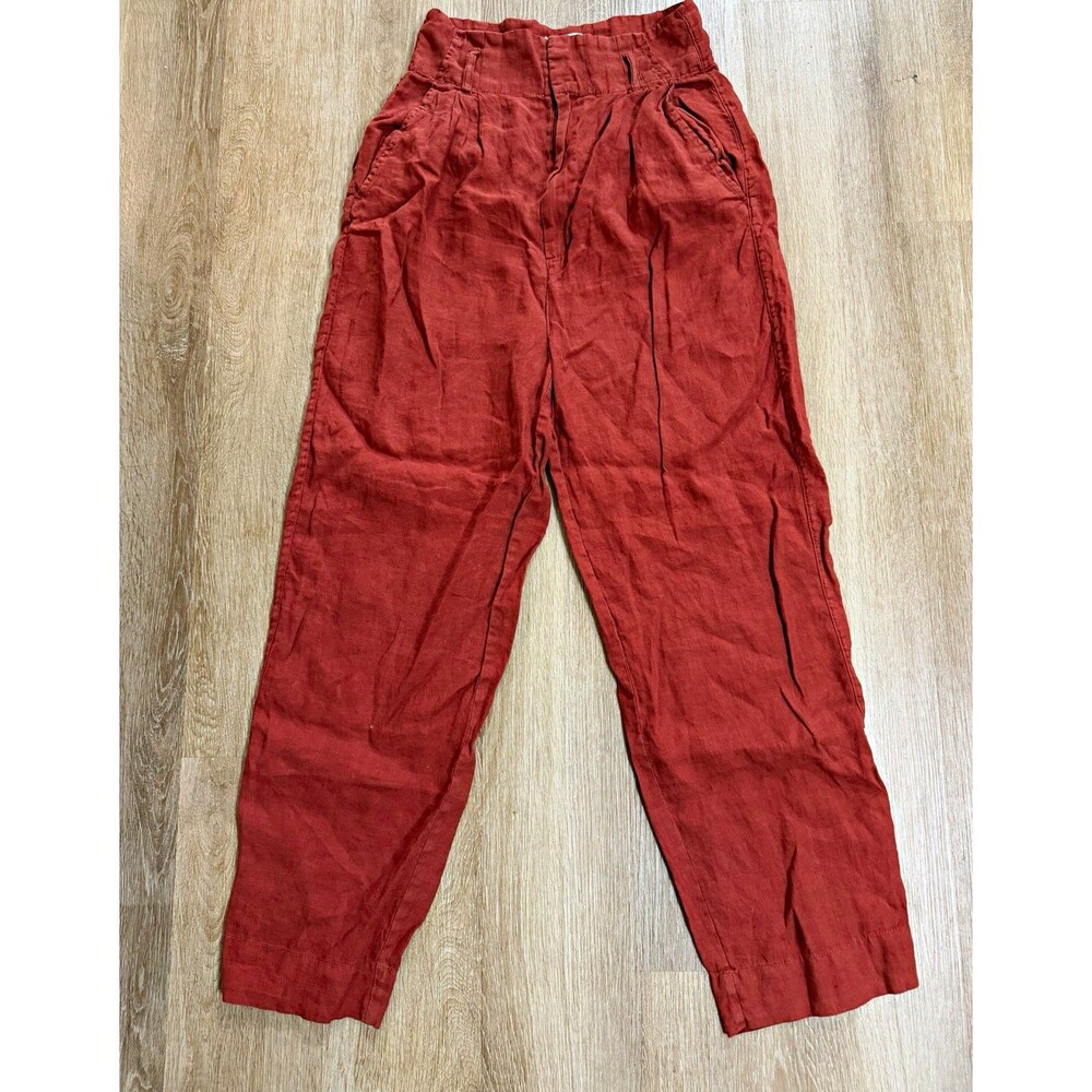 Joie Women’s Rust 100% Linen Tapered Pants High Rise Zip Pockets 28" Inseam